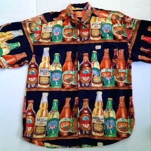 Vtg Sergio Valente-Multicolor Hawaiian Button Beer Bottles Shirt, Men's Size L